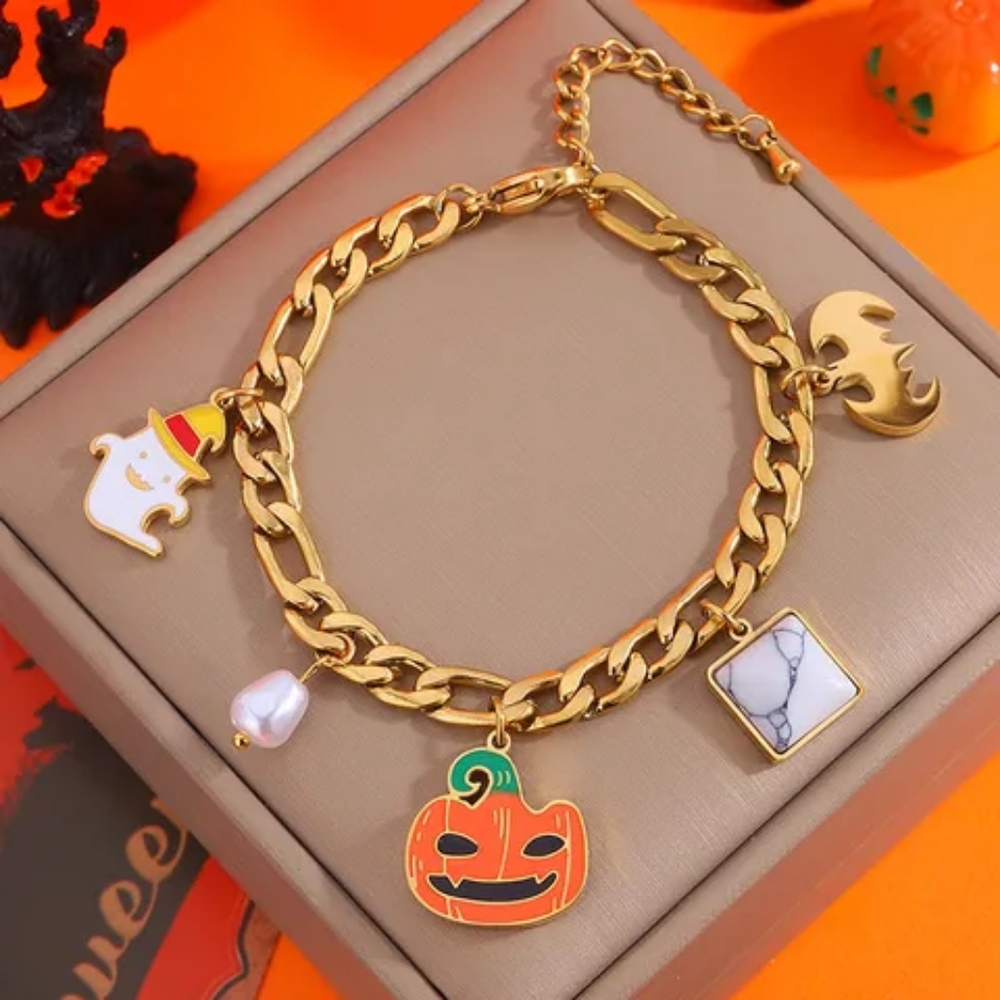 Halloween Gold Plated Stainless Steel Pumpkin Ghost Multi Pendant Charm Bracelet - Picture 2 of 9